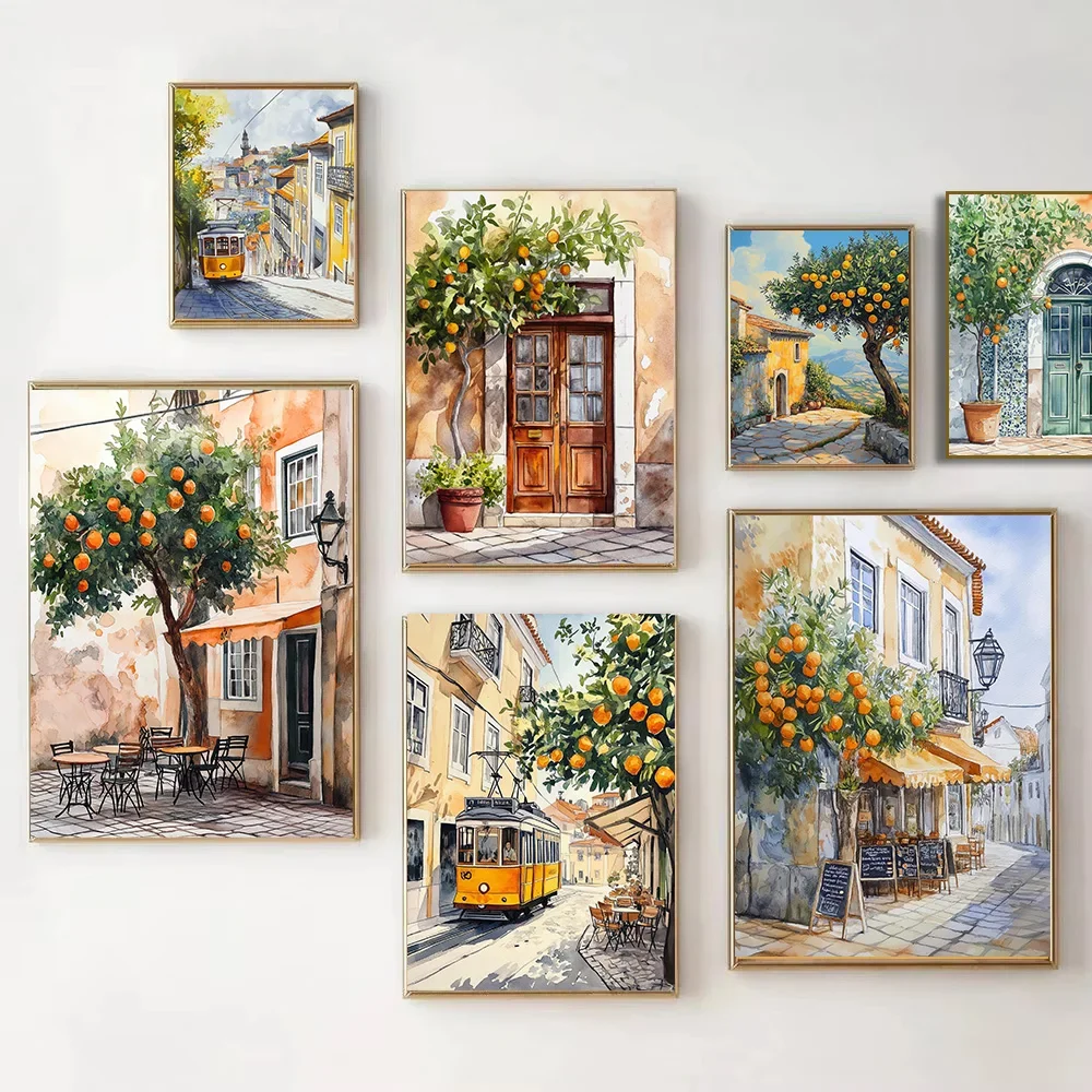 Multiple sizes 1pc frameless Canvas Painting,1pc frameless Canvas Painting Portugal Doors Watercolor Lisbon Coffee Shop Orange T