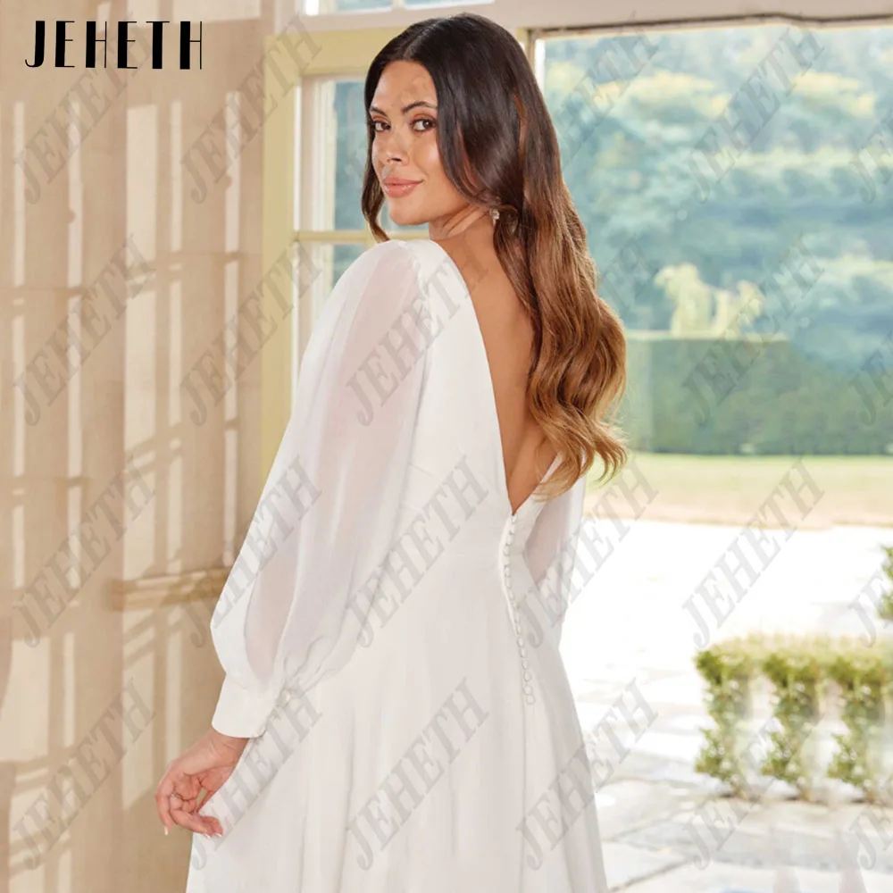 JEHETH Vestido de Noiva Clássico Plus Size Puff Mangas V-Neck Zipper Backless Vestidos de Noiva Chiffon A LiJEHETH Vestido de Noiva Clássico Plus Size Puff Mangas V-Neck Zipper Backless Vestidos de Noiva Chiffon A-Line