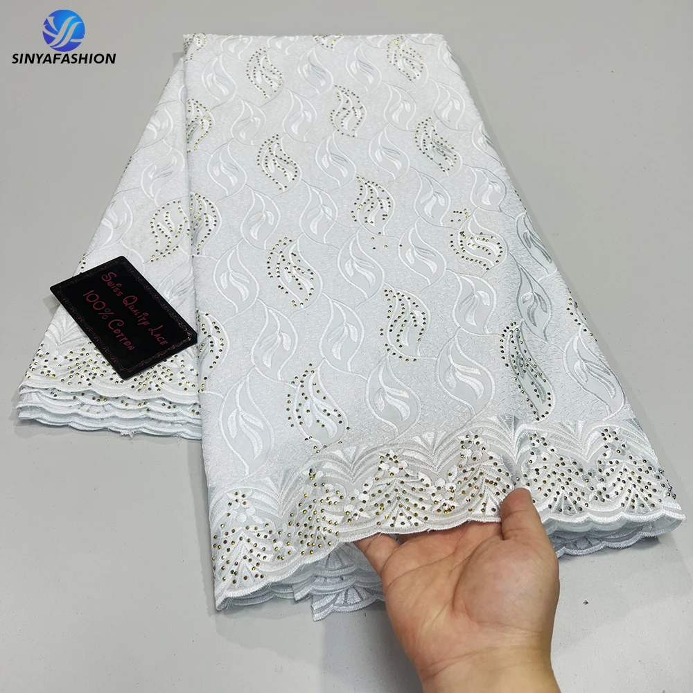 

Sinya Cotton Lace Fabric White 2024 Swiss African Nigerian Voile Lace Fabrics 5 Yards Stones For Sew Party Wedding Dress