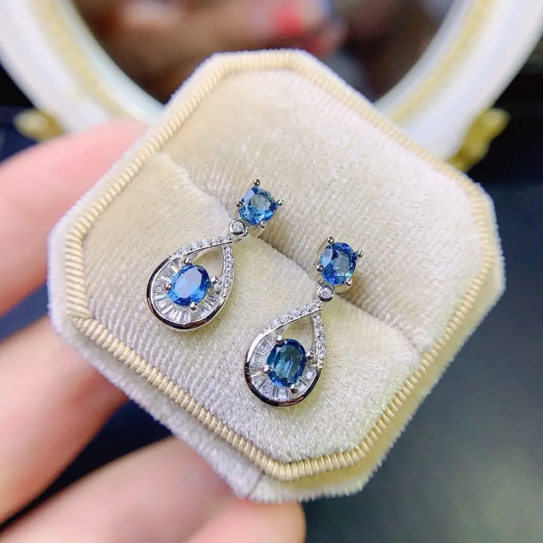 ZECAA เครื่องประดับ Drop ต่างหู London Blue Topaz อัญมณี 4*5 มม.ต่างหูเครื่องประดับสําหรับผู้หญิง Lady Vintage เงินต่างหู