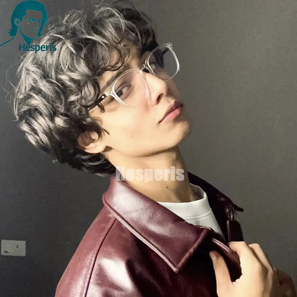 Hesperis Glueless Short Curly Men's Human Hair Wig With Bang Pre Style Daily Wear 13x6 Lace Front Male Natural Black Color Wigs