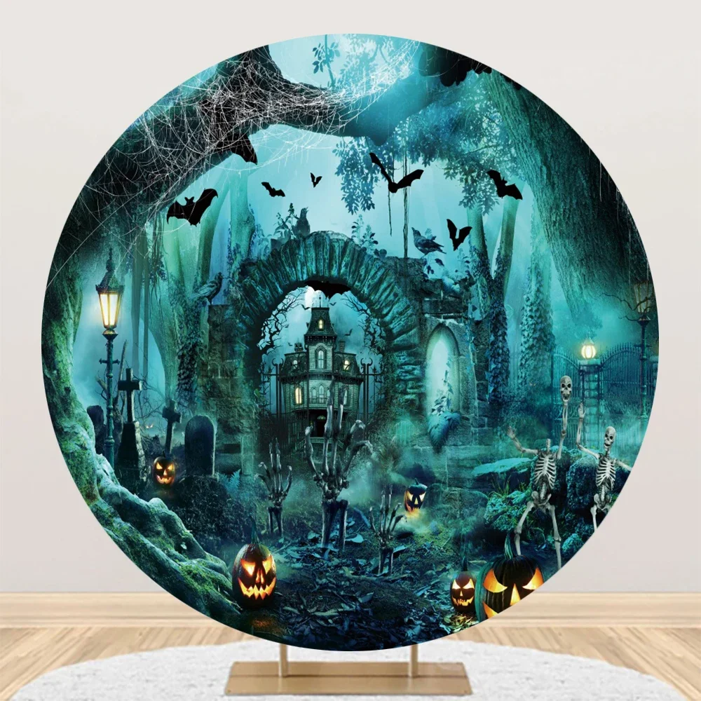 Tableclothsfactory Halloween Party Round Backdrop Horror Night Moon Pumpkin Witch Castle Kids Portrait Circle Cover for Photo