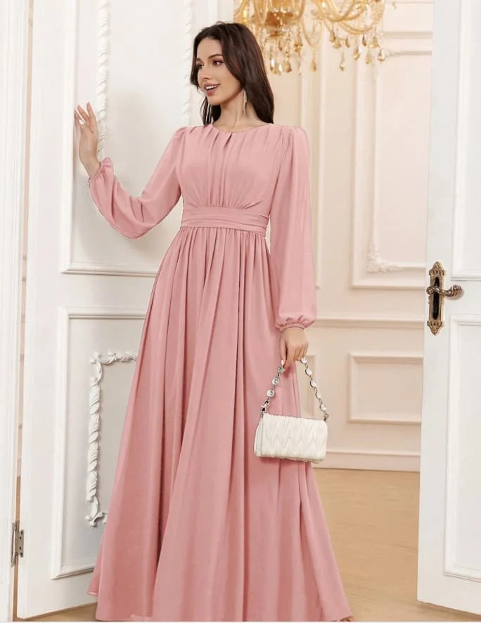 Langes Kleid mit Rundhalsausschnitt, geraffter Taille, Laternenärmeln, breitem Taillenbund und fließendem, elegantem, konservativem Schnitt – Detail 7