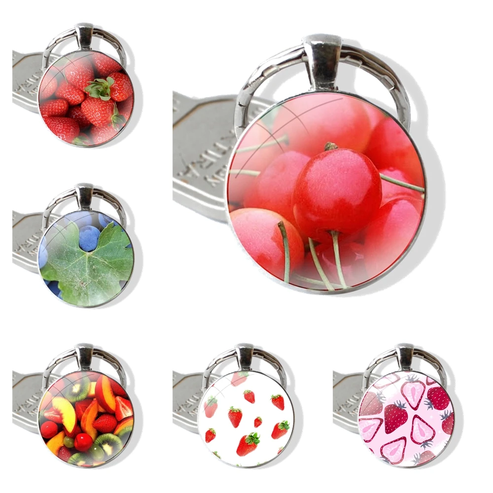 Keychain Handmade Glass Cabochon Key Ring Holder Pendant Key Chains Summer Fruit and Berries