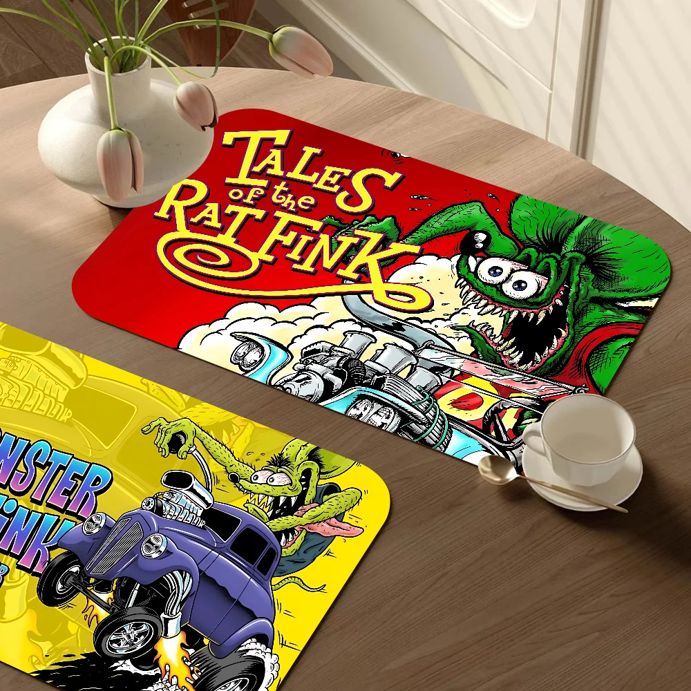 Anime Rat Fink Kitchen Drainage Mat Retro Style Dish Drying Pads Absorbent Placemats Drainer Tableware Mats Accessories