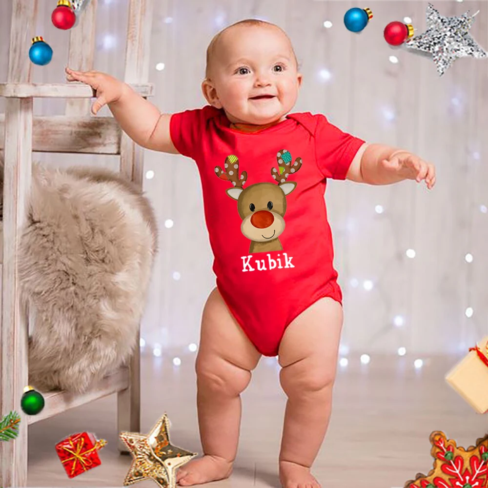 

Personalized Christmas Deer Baby Bodysuit Custom Name Infant Xmas Romper Boys Girls Cute Clothes Newbron Christmas Party Gift