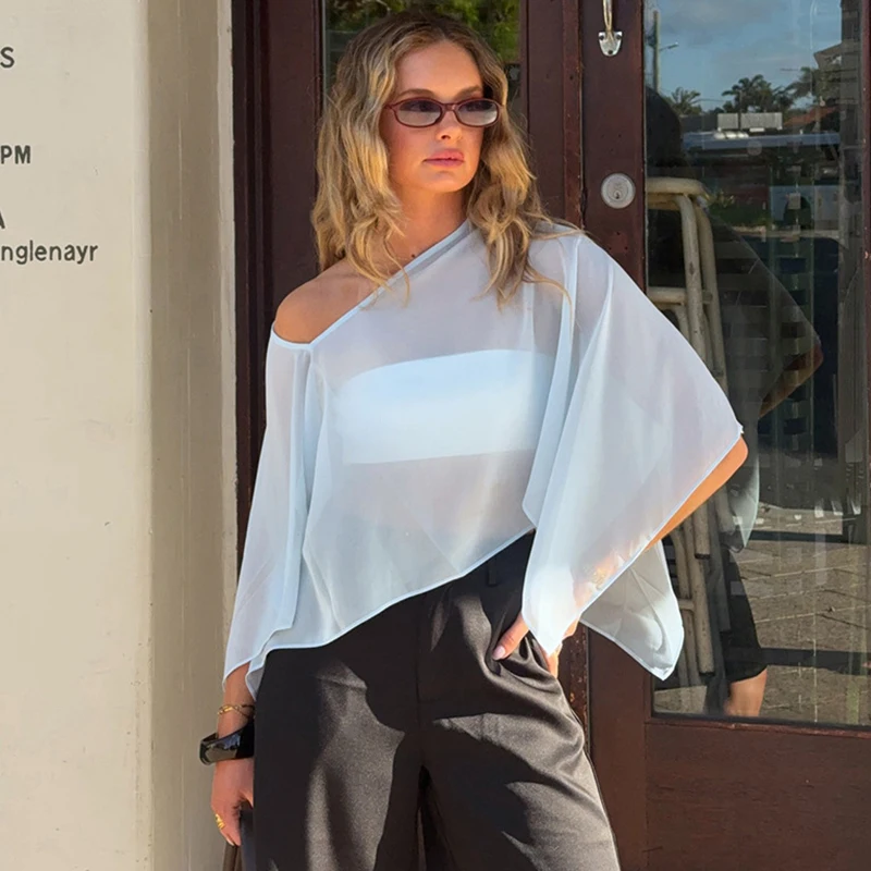 

Tornova Mesh Slanted Shoulder Bat Sleeve Shawl Top Women's Sexy See Through Loose T Shirt Summer Fashion Sun Protection Clothes