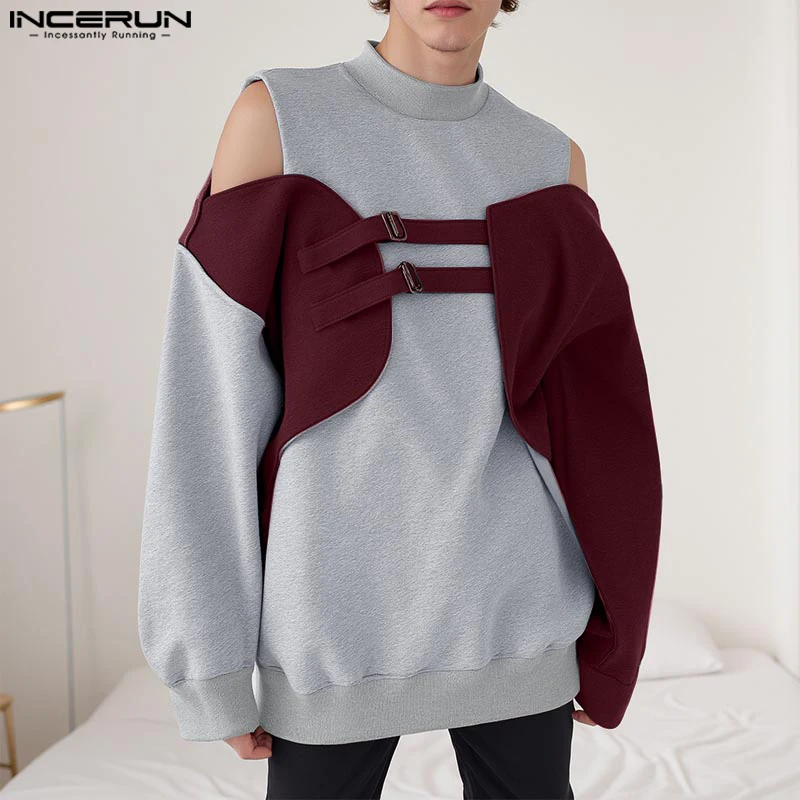 INCERUN Spring Loose Hoodies Men Long Sleeve Simple Knitted Sweatshirts 2025 Colorblock Bare Shoulder Deconstruction Design Tops