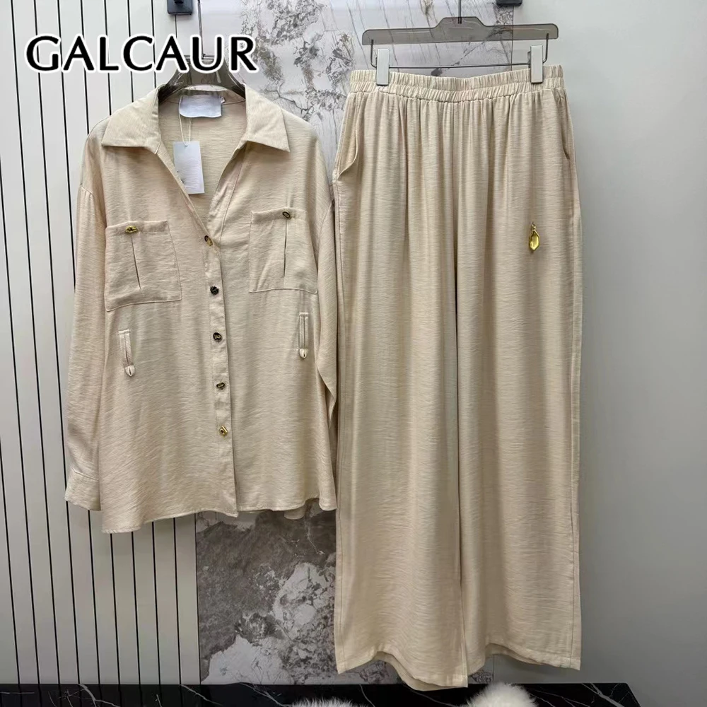 GALCAUR Solid Spliced Pocket Two Piece Set Female Lapel Long Sleeve Shirt Casual Lazy Women's Trousers Sets Autumn Fashion New