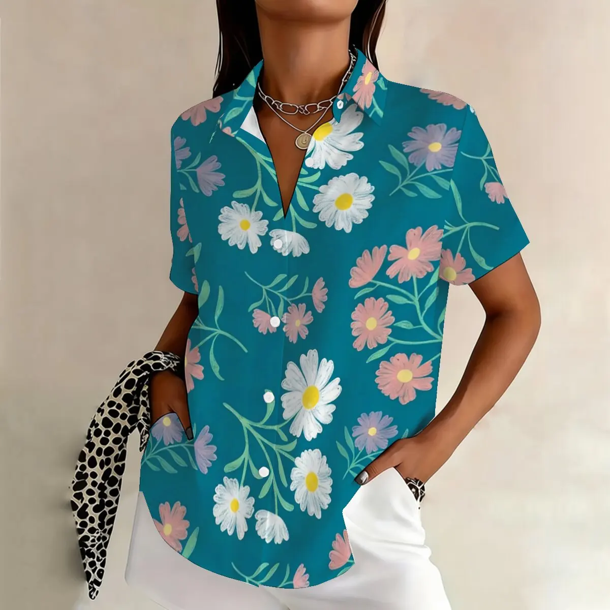 

Simple and personalized graffiti flower print summer women's plus size lapel short sleeved shirt fashionable versatile top