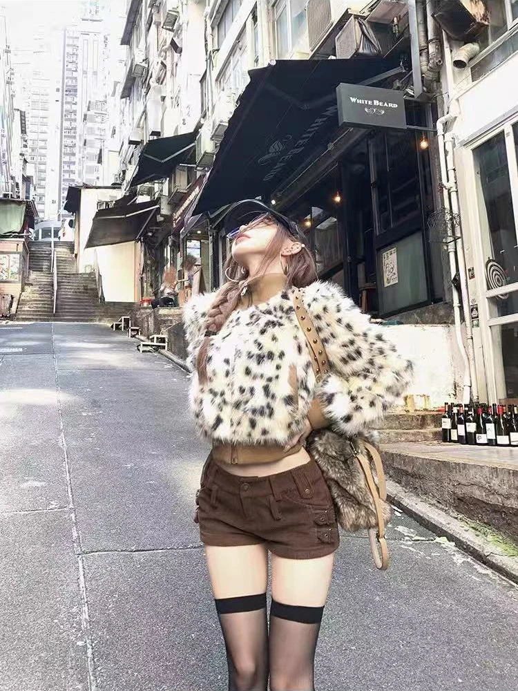 

Leopard Print Patchwork Faux Fur Coats Women Y2K Korean Loose Turtleneck Hairy Crop Jacket Winter Streetwear Warm Outerwear New