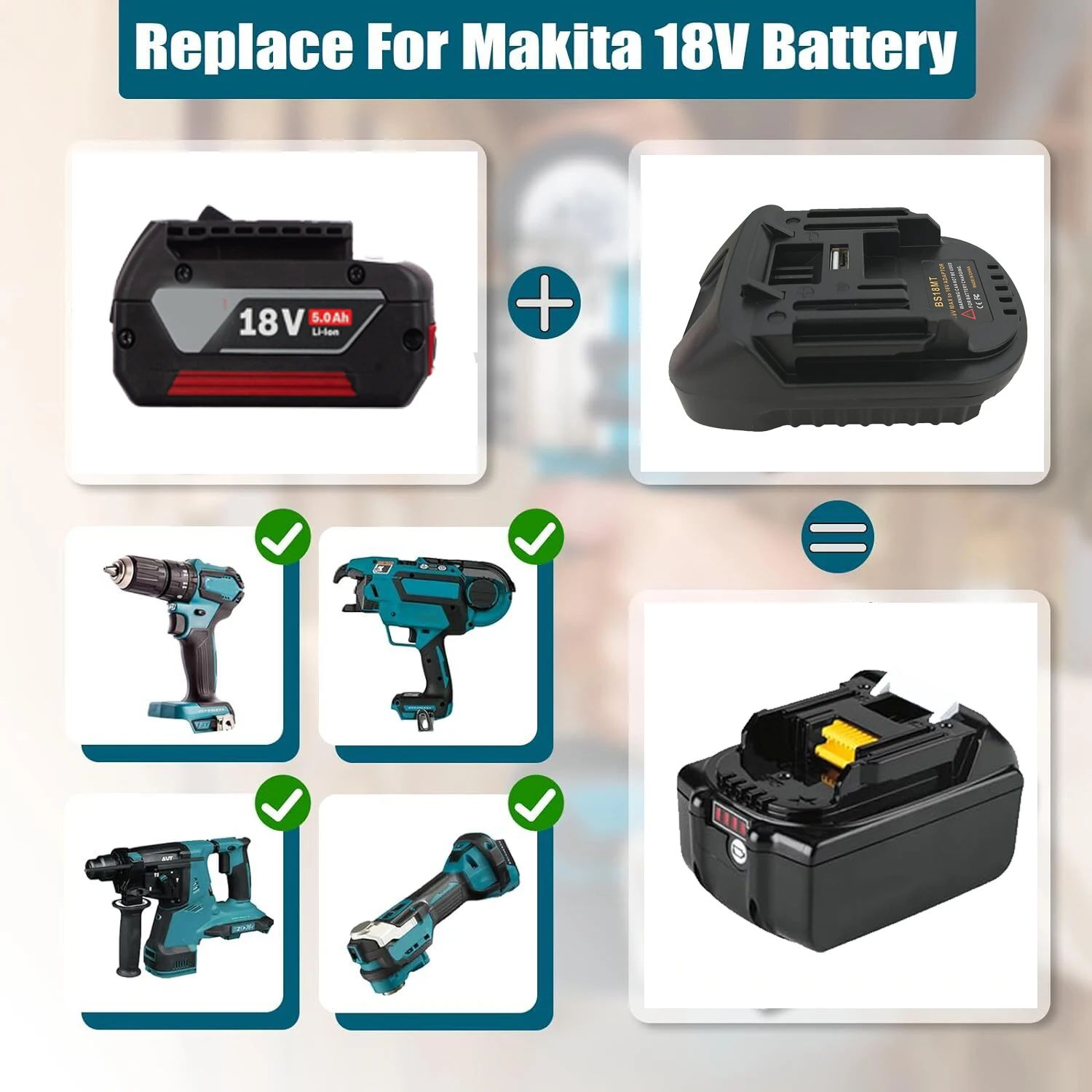 Adaptador de batería para Bosch, convertidor de 18V a Makita con USB para herramienta eléctrica Makita de 18V, BAT618, BAT609G, BS18MT