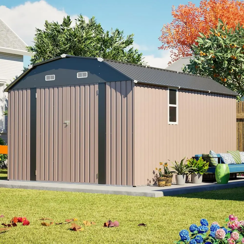 

Прочный металлический сарай 10x12 футов с полом, ромбовидной крышей, вентиляционными отверстиями, окном и запираемыми дверями