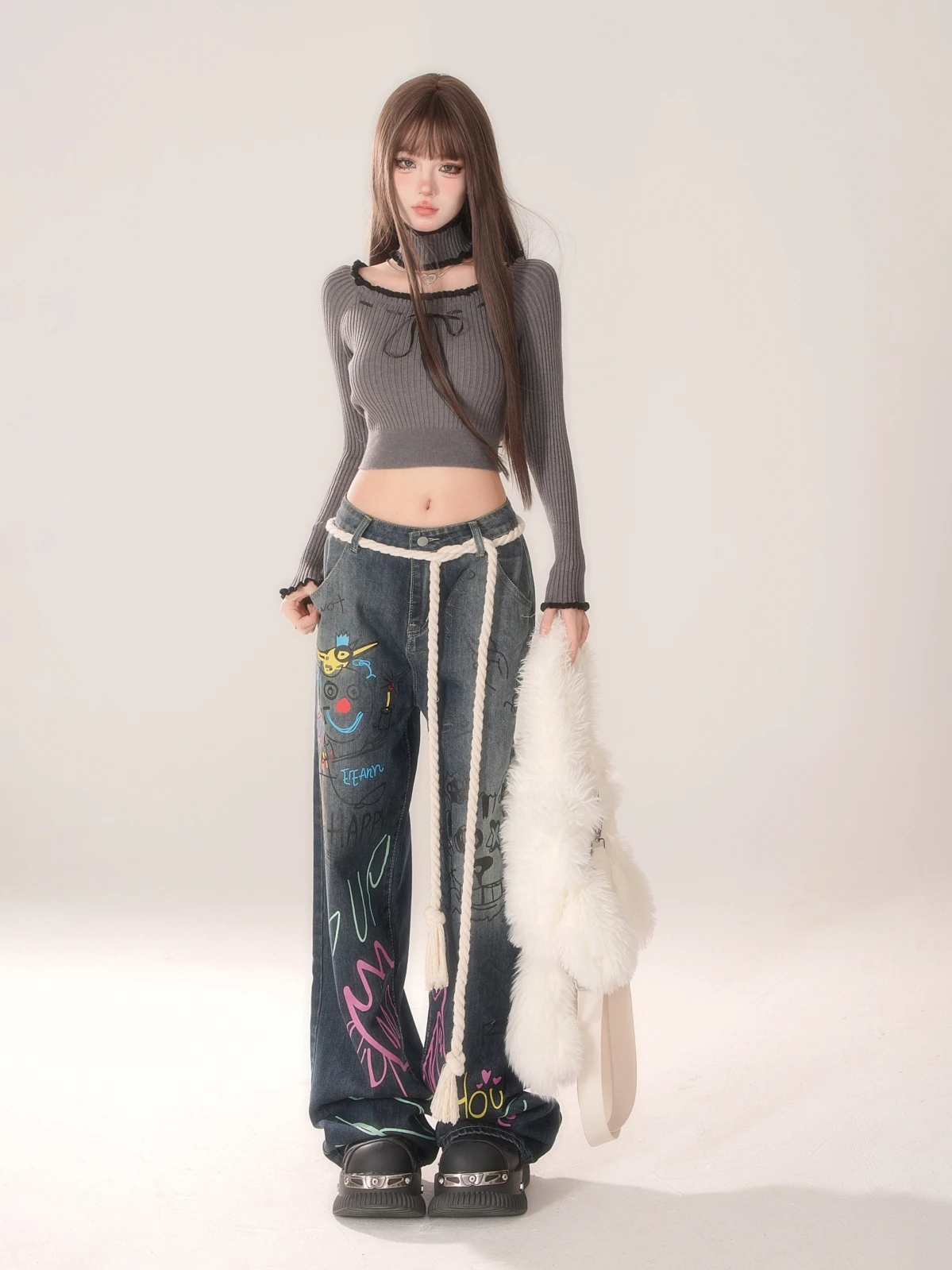 American Retro JK Streetwear Graffiti Wide-Leg Pants Hot Girl Autumn Fashion Loose Slim Jeans Women Elegant All-Match Blue Pants