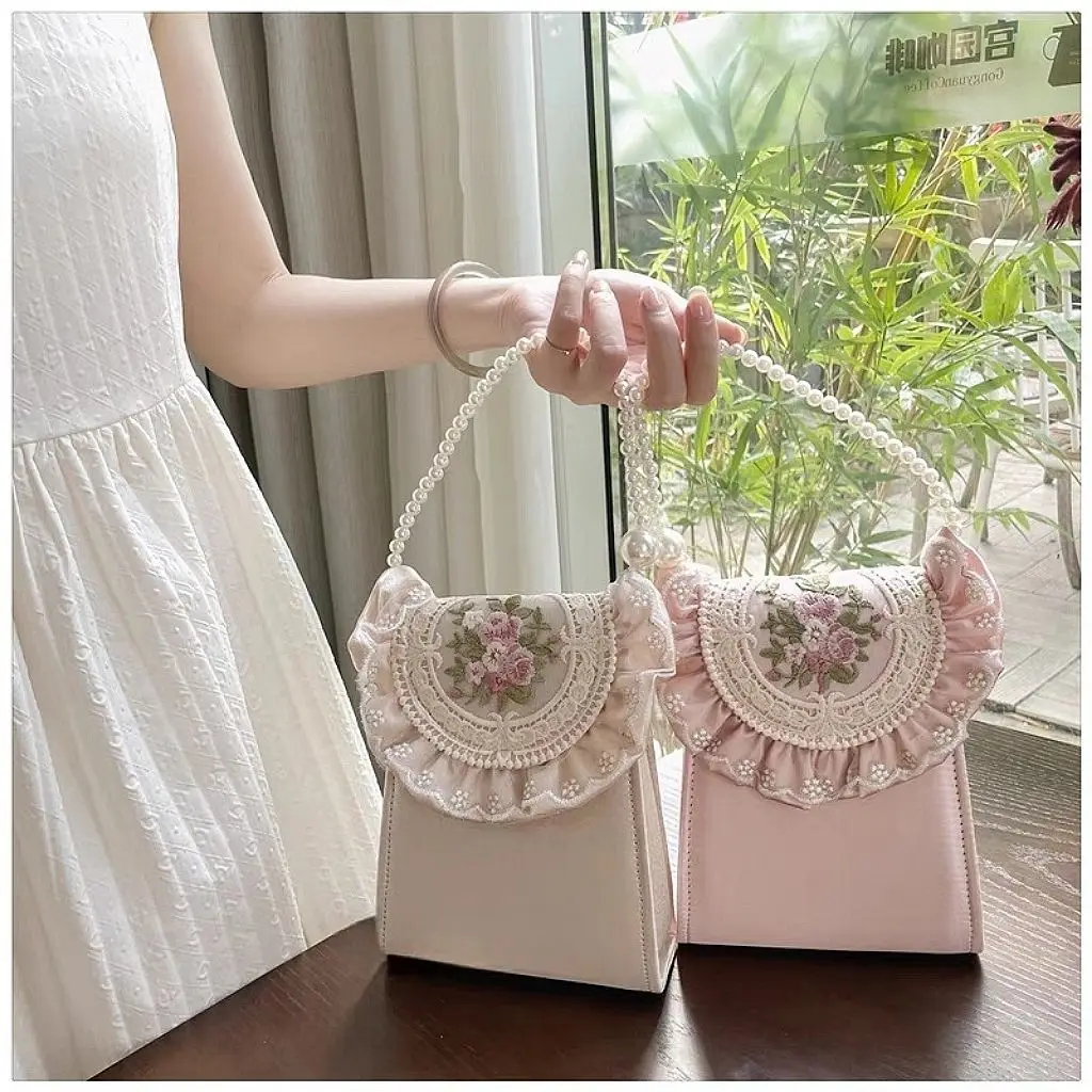 JIAERDI Vintage Embroidery Handbag Women Luxury Pearl Handle Totes Purse Pink Flowers Clutch Evening Party Bag Small Phone Bags