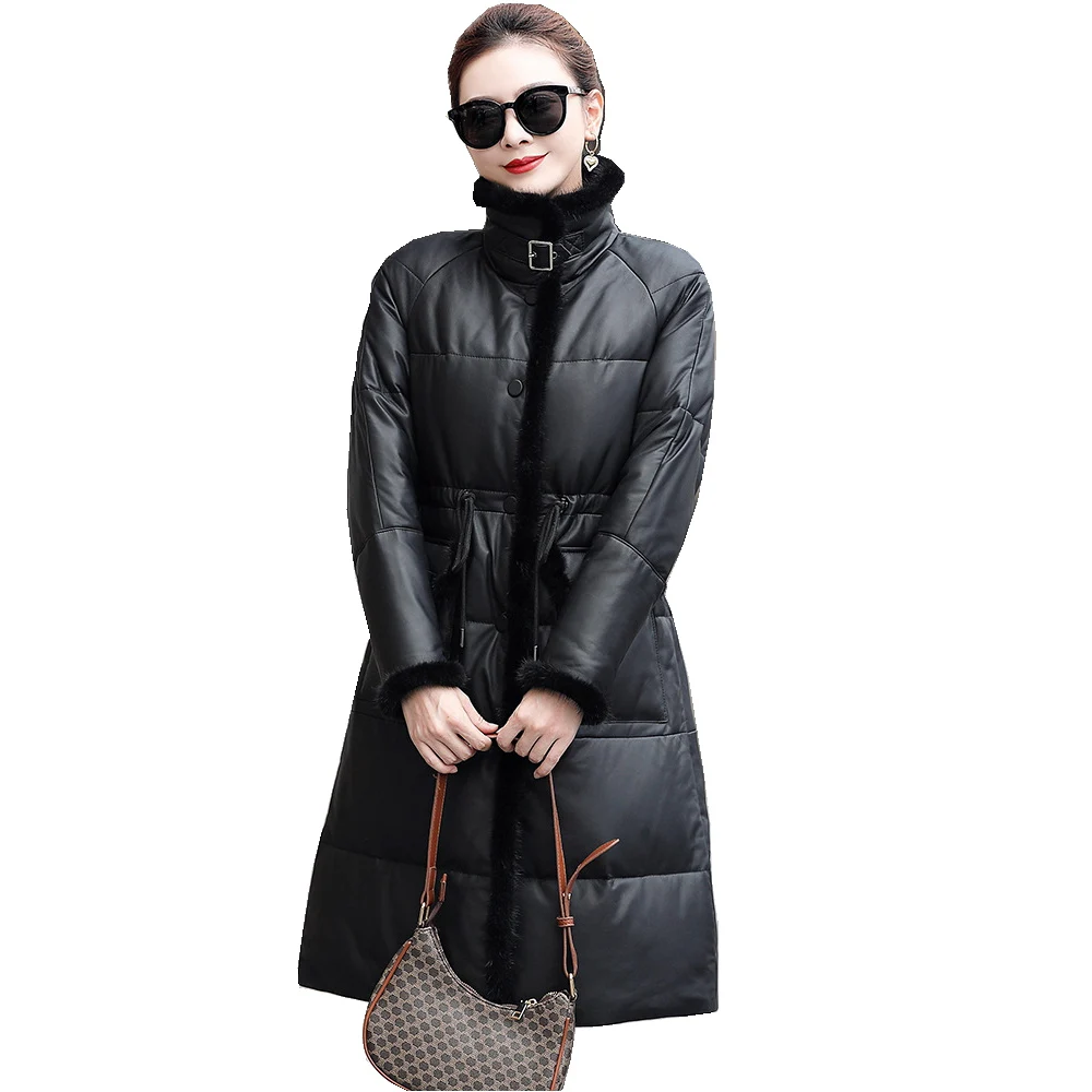 

European Real Sheepskin Leather Suede Down Coat Mink Fur Trimming Autumn Winter Women Outerwear Overcoat LF2345BM