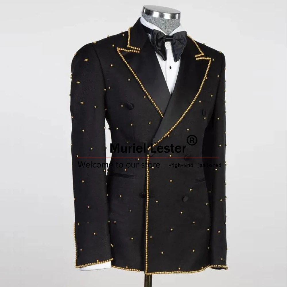 Elegant Black Suit Men Wedding Double Breasted Gold Pearls Jacket Pants 2 Pieces Groom Tuxedos Costume Homme Customized Blazers