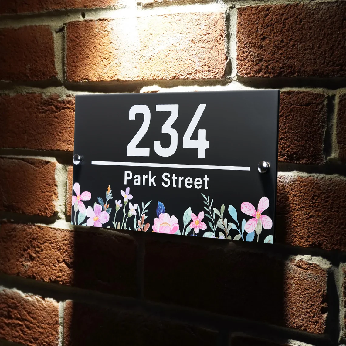 

Floral House Number Sign Outdoor Entrance Sign Matte Acrylic UV Printing Colorful Flower Door Sign Exterior house numbers Plaque