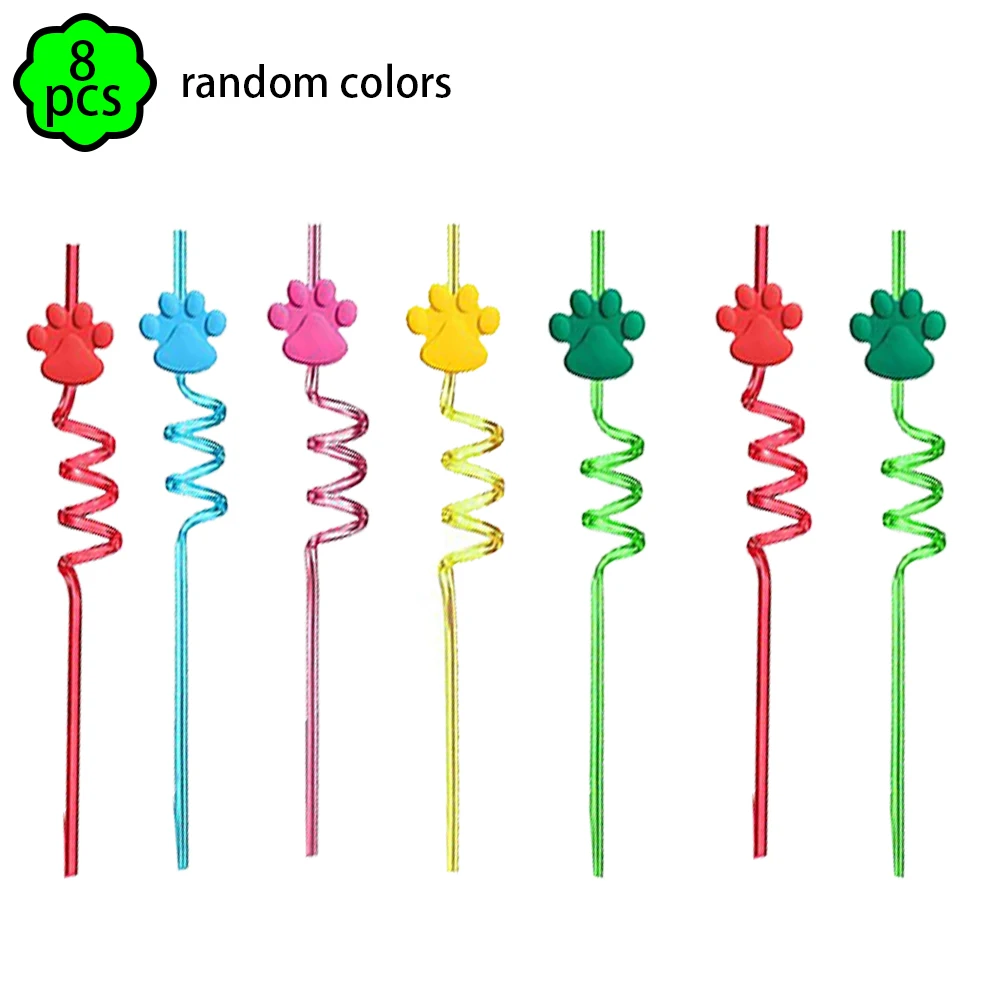 8pcs Reusable pet dog Paw Straws Puppy Paw Plastic Drinking Straw Dog Paw theme Birthday Party Supplies kids Birthday Decor Gift