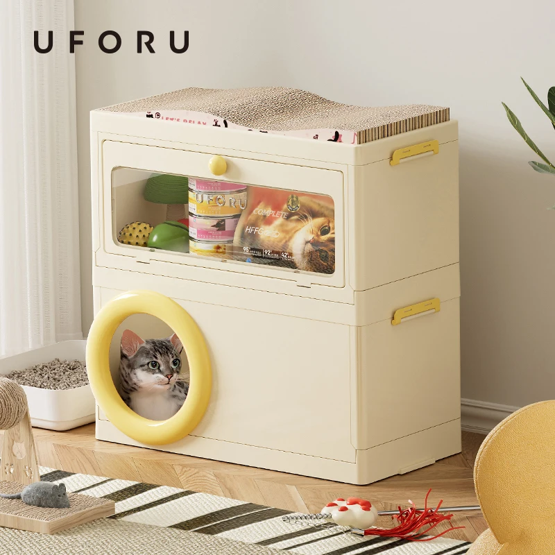 Caja de almacenamiento de aperitivos para mascotas UFORU, nido para gatos, caja de arena para gatos, bandeja de arena para inodoro para mascotas, seguridad semicerrada para gatos más grandes