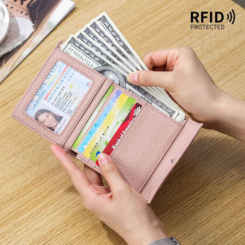 Genuine Leather Women Wallet Short RFID Female Fashion Envelope Wallet Card Holder Small Purse Zipper Coin Pocket High Quality
