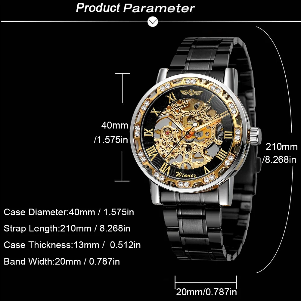T-WINNER Fashion Casual Mens Watches Skeleton Mechanical Engraving Luxury Rhinestone Luminous Pointers Cool Black Man Wristwatch