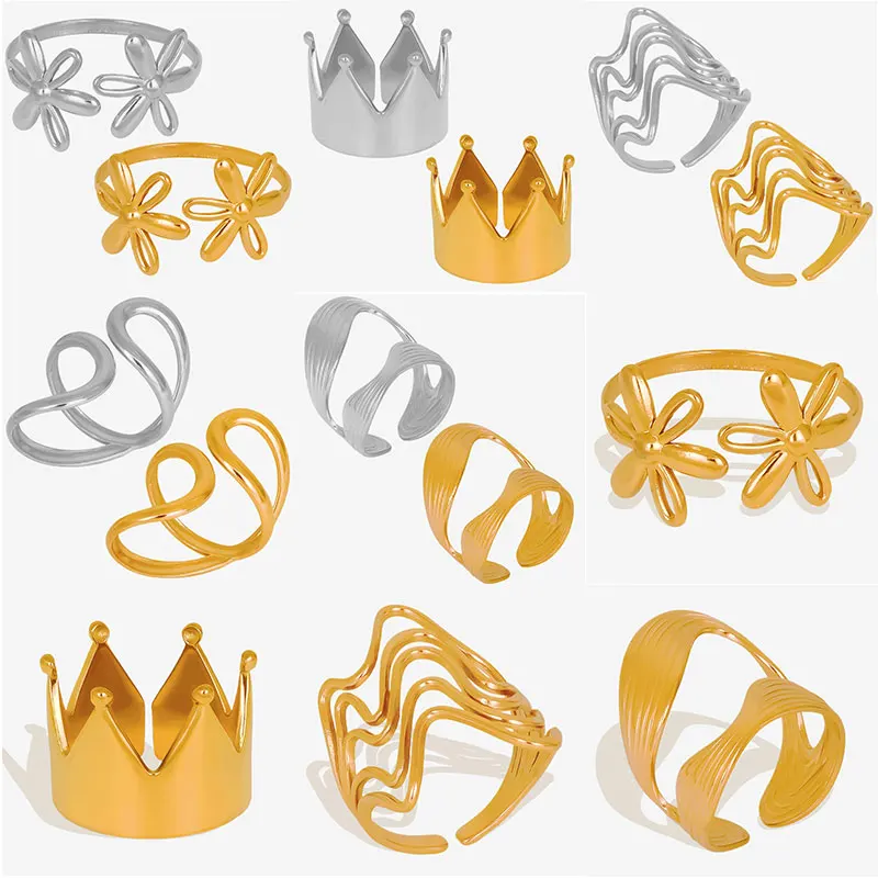 2/4pcs/Lot Gold/Silver Color Mixed Women Jewelry Adjustable Geometric Crown Ring Stainless Steel Creative High Quality Ring Gift