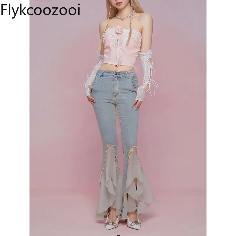 

Y2k Style Trendy Chiffon Patchwork Tight Jeans Pants for Women Wrap Hip Slim Denim Flared Pants Lady French High Street Trousers