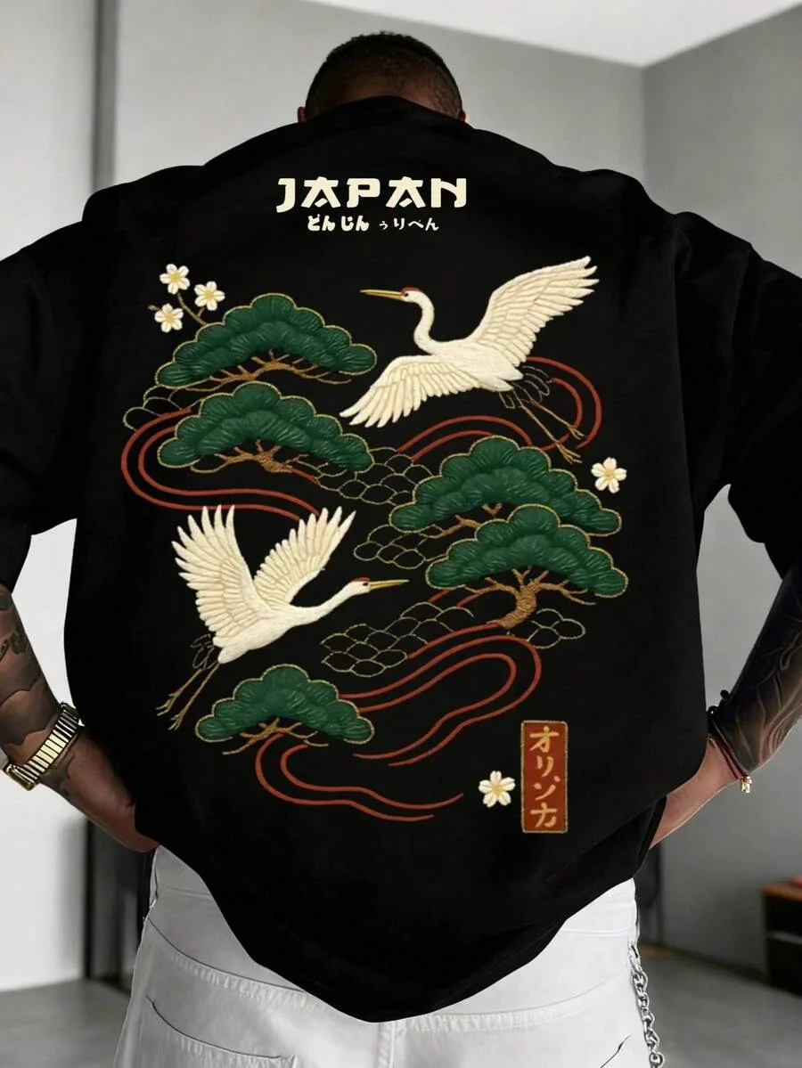 2026 Summer Zrgoth Men's Casual Versatile Minimalist Japanese Crane Print Short Sleeve T-Shirt