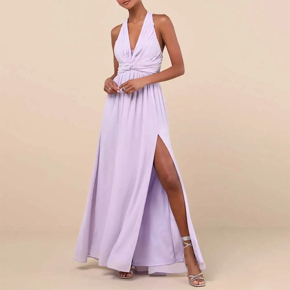 

Sexy V Neck Sleeveless Pleated Belted Backless Side Slit Evening Dress For Women Prom Party Dress Bridesmaid Dresses فساتين سهرة