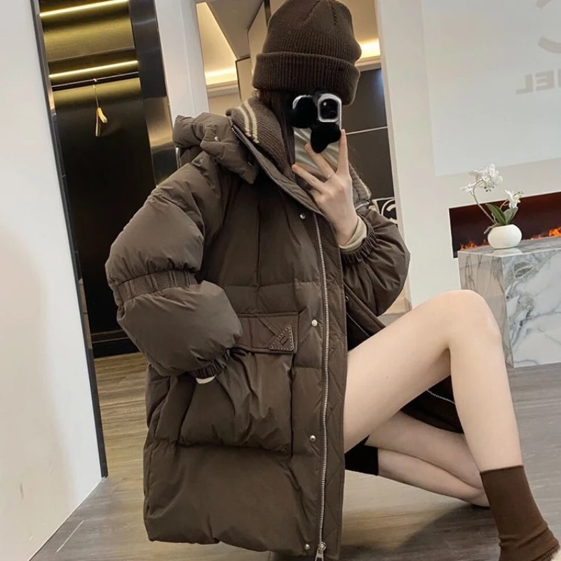 

Women's Mid-length Knitted Down Jacket, Standing Collar, Pocket Zipper Parka, Korean Fashion, Autumn and Winter Coat, 2024