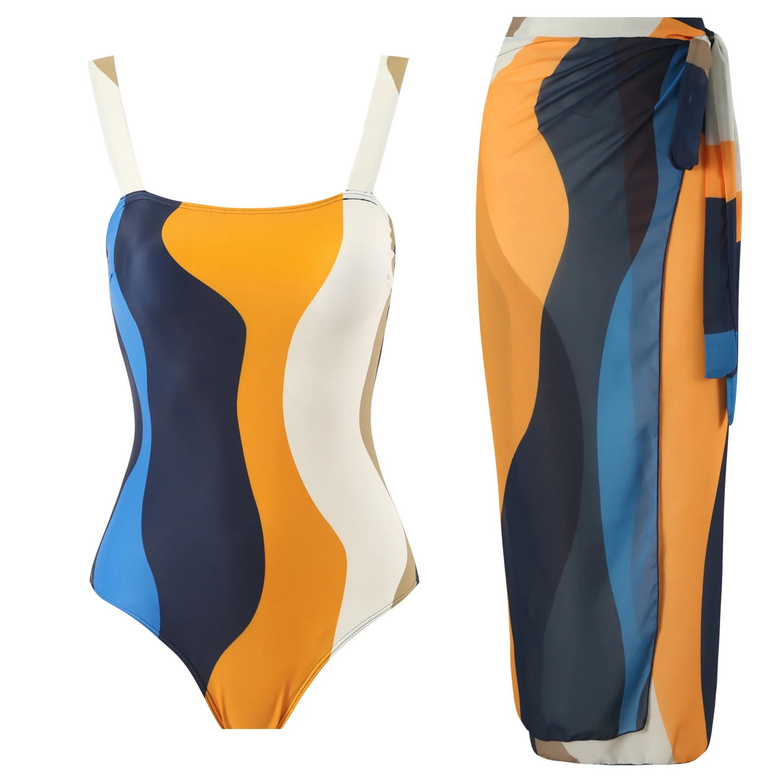 

Женский слитный купальник с геометрическим принтом, элегантный пляжный костюм-монокини с лямкой на шее и юбкой, 2024