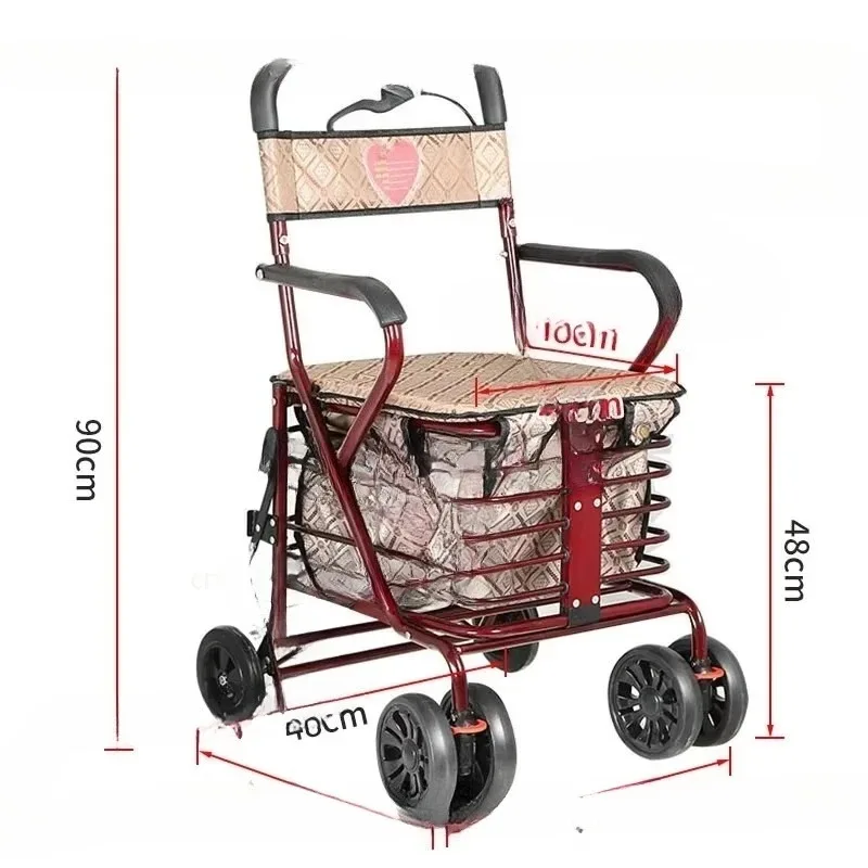 Mobility Vehicle Used for Both Sitting and Pushing, with Four Wheels for Grocery Shopping, A Folding Seat, and A Walking Cart