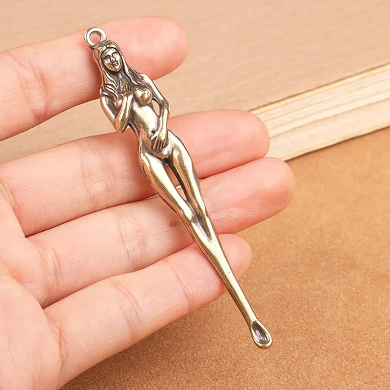 1Pcs Retro Brass Ear Spoon Keychains Pendants Lovely Mini Angel/Monkey/Beauty Shape Ear Pick To Clear Cerumen Vintage Key Ring