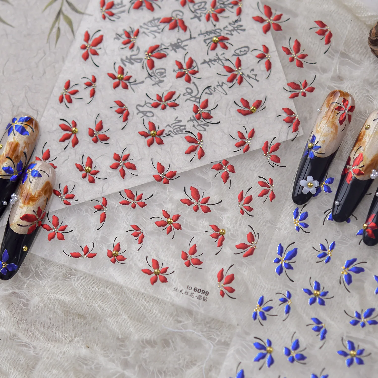 Retro Red Blue Petal Flowers French Floral 5D Nail Art Stickers Self-adhesive Nail Decoration Decals Nail Manicure Decoration