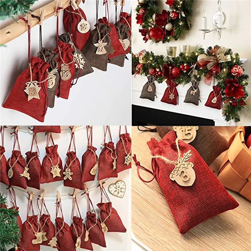 24pcs Christmas Advent Calendar Bags 24 Days Embellishments 1-24 Wooden Listing Labels Christmas Decoration