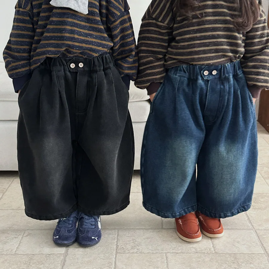 

Trousers 2025 Autumn and Winter New Childrens Clothing Korean Style Boys and Girls Fashion Thickened Warm Wide Leg Jeans