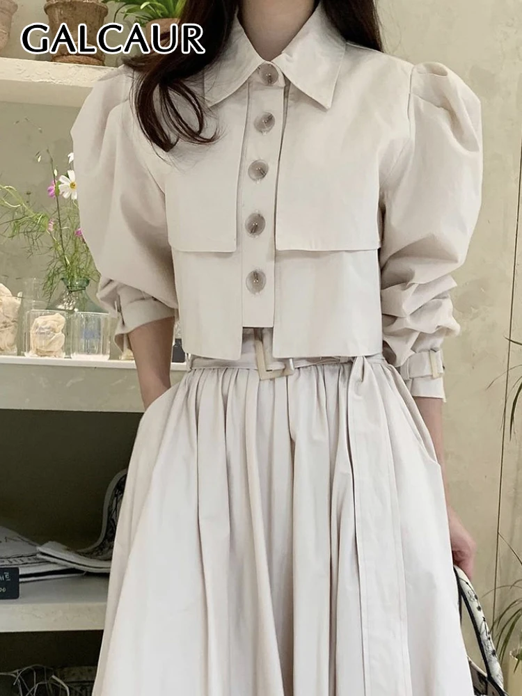 GALCAUR Solid Fashion Shirts For Women Lapel Long Sleeve Single Breasted Folds Patchwork Korean Short Blouse Female Spring New