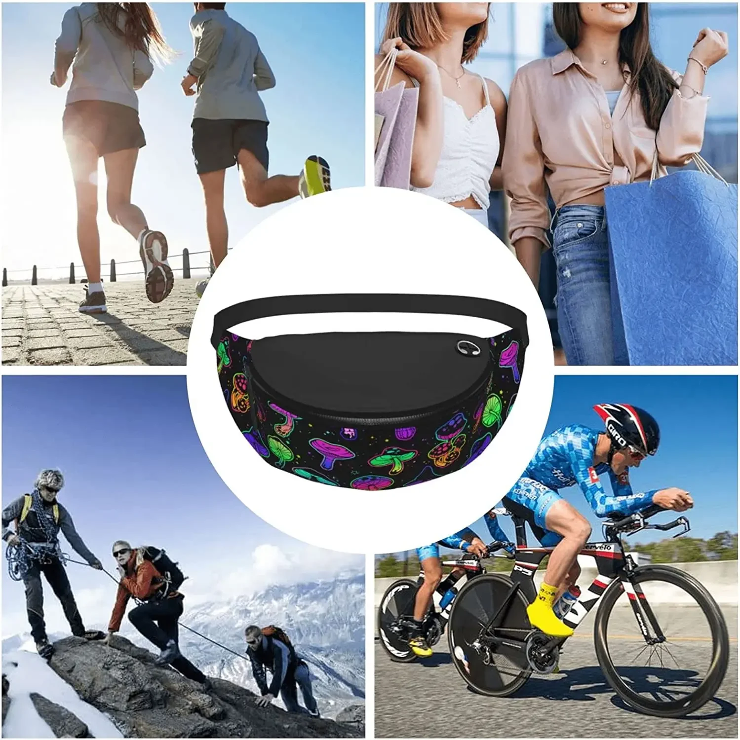 Cogumelos psicodélicos brilhantes Fanny Pack para homens e mulheres, bolsa de cinto ajustável, cintura casual para viagens, caminhadas, corrida, ciclismo