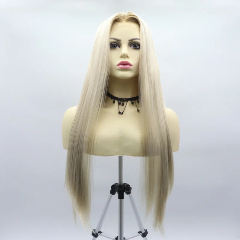 

Synthetic high-temperature fiber wig for women, gradient linen gold color, free-parting long straight hair, full head cover
