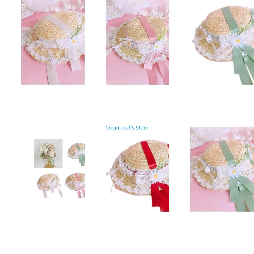 50LE Straw Sun Hat Lace Flower Small Hats for Tea Party Women Cosplays Accessory