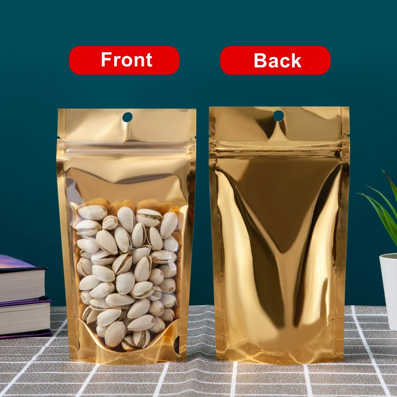 StoBag 100pcs Gold Aluminum Foil Food Packaging Ziplock Bag Hang Hole Sealed Storage for Candy Beans Nuts Reusable Wholesale