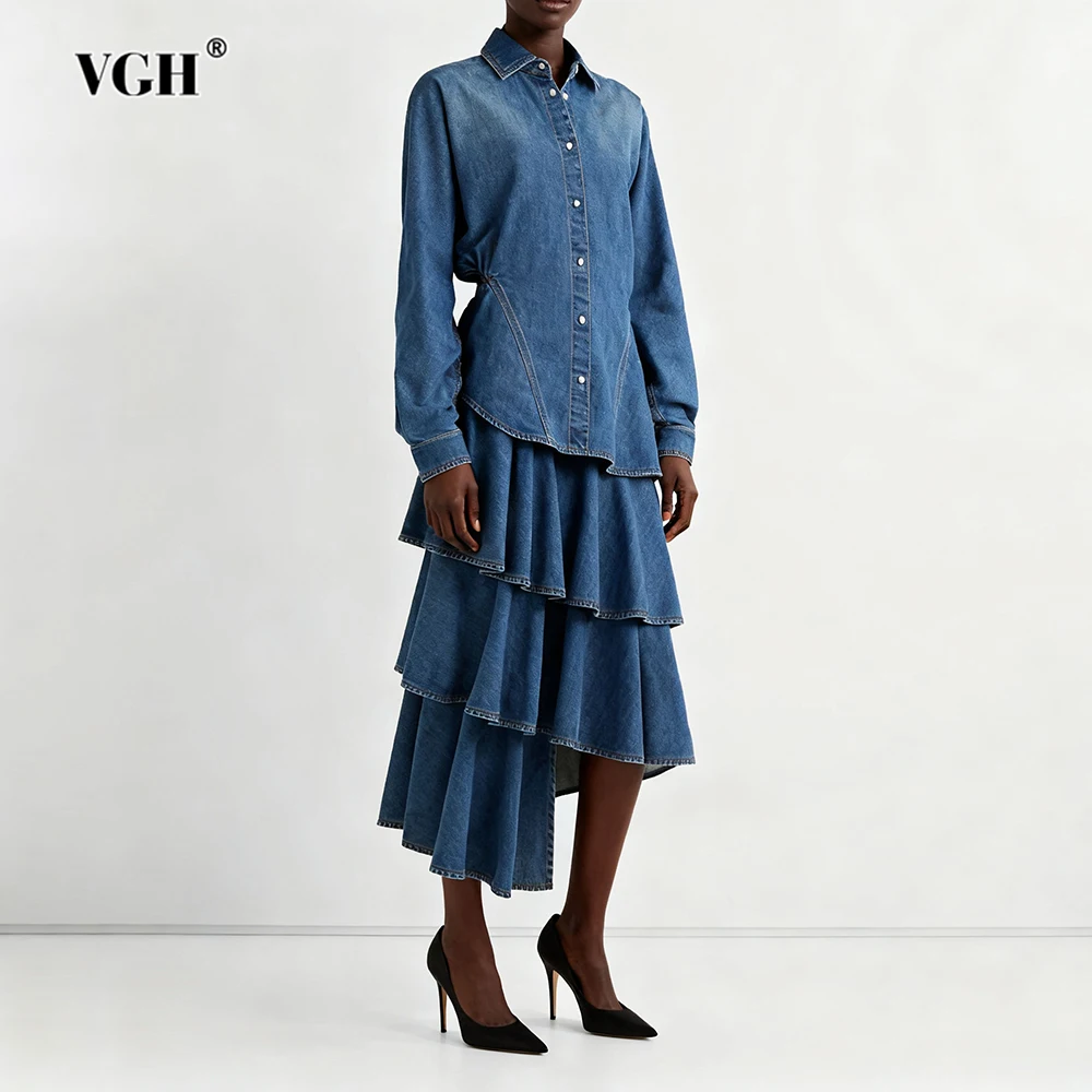 

VGH однотонные повседневные утягивающие джинсовые комплекты из двух предметов для женщин, топ с длинными рукавами и лацканами, высокая талия, юбка с нерегулярными складками, шикарный женский комплект