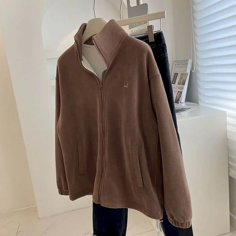 Plush Coats for Women High Collar Long Sleeved Solid Fleece Hoodies Cardigans Oversized Casual Vintage Jackets Loose Women Tops