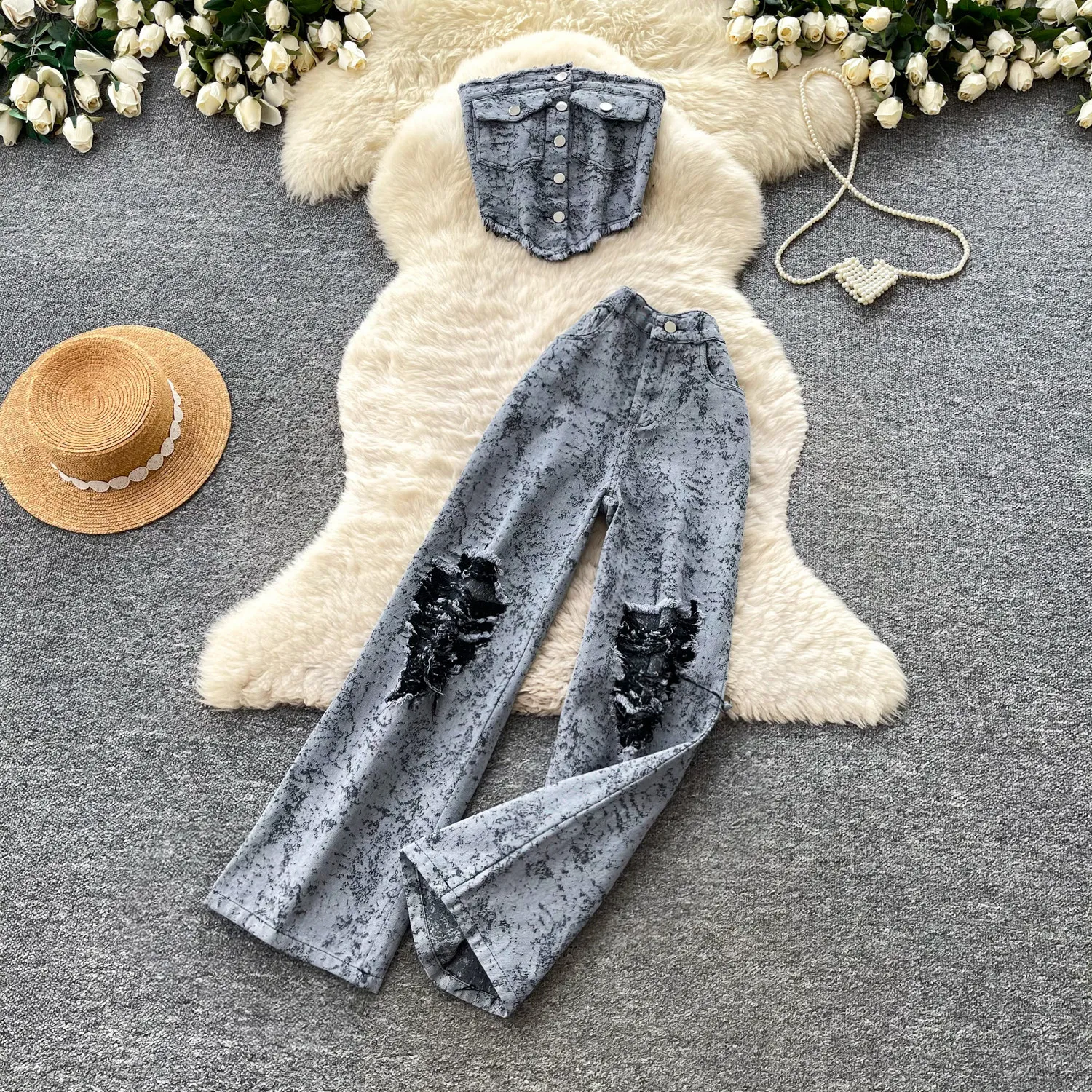 Damen Hosen-Set Zweiteiliges Set Denim Schulterfreies Ärmelloses Kurzes Oberteil Weites Bein Lange Hose Hohe Taille Y2k Streetwear Slim Fit 2026