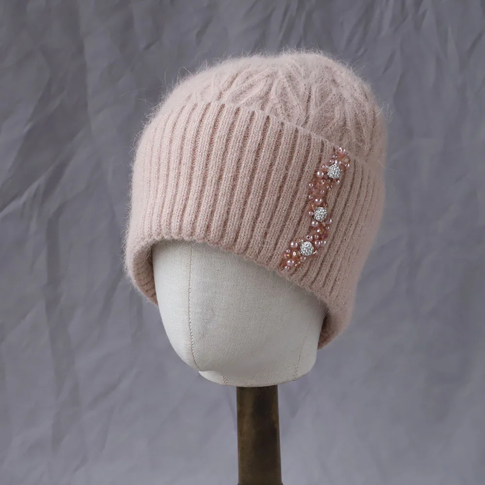 

Hat Angora Women Winter Knit Hat Rhinestones Autumn Double Layers Warm Accessory For Cold Weather Sports Skiing Outdoor Holiday