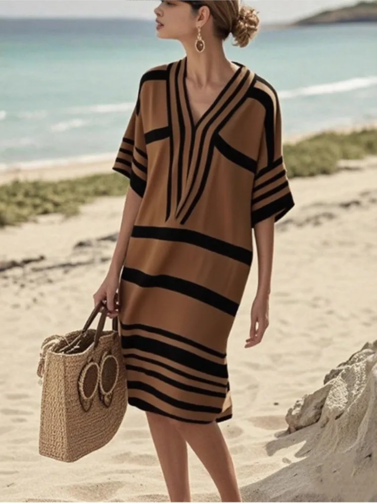 

New Casual Striped Print Loose Dress For Women Fashion Half Sleeved V Neck Midi Dress Spring Summer New Lady Commuter Dresses
