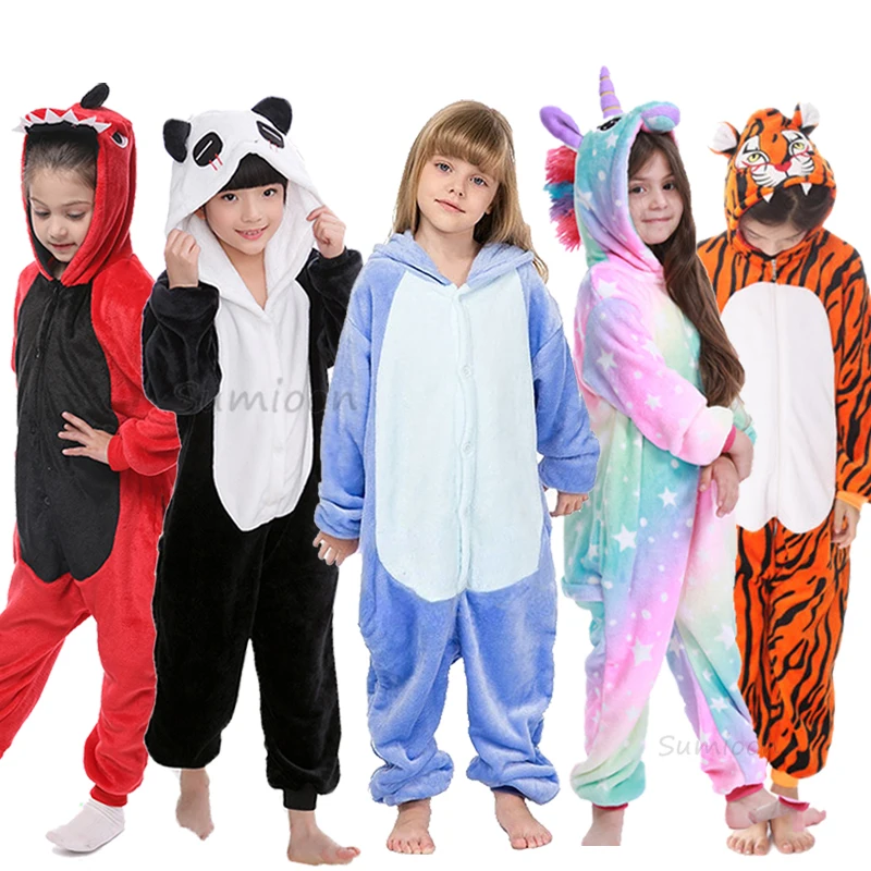 4 6 8 10 12 Years Girls Stitch Cat Jumpsuits Unicorn Pajamas Kigurumi Toddler Kids Hooded Flannel Home Wear Children Onesies