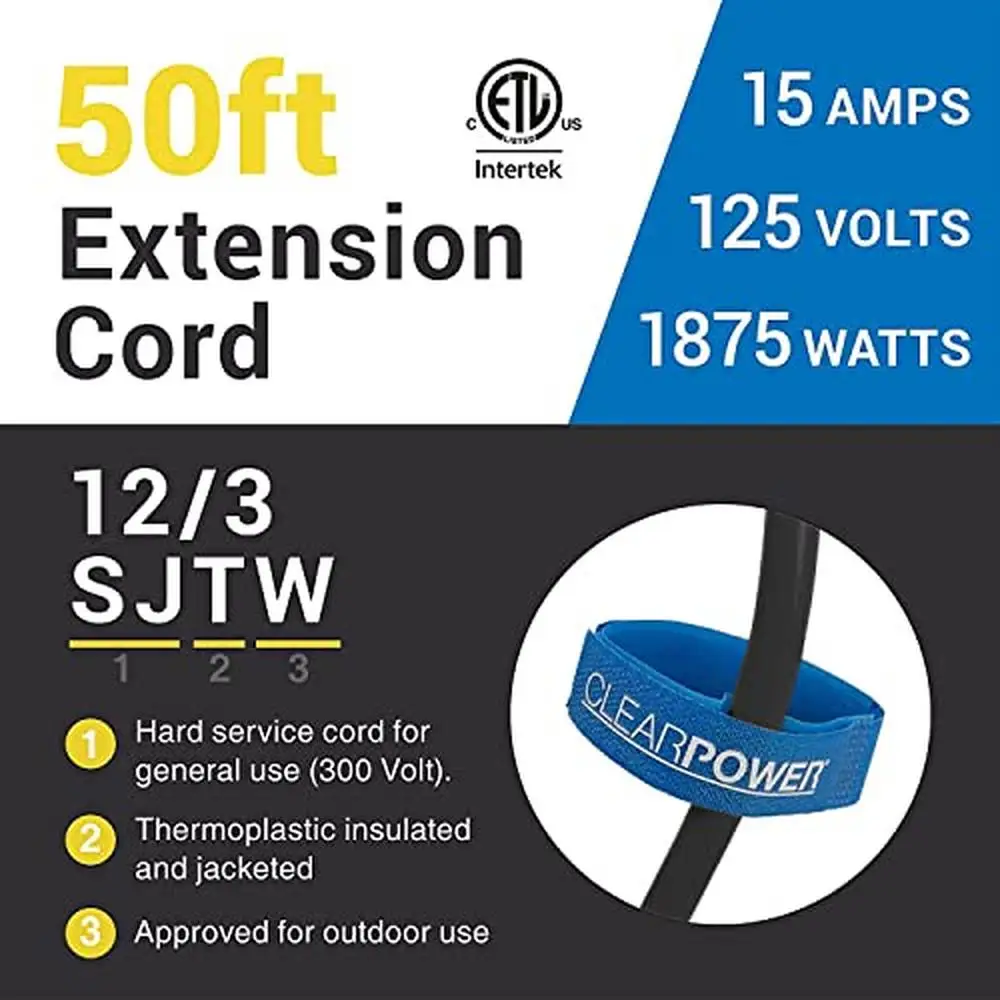 Heavy Duty 50ft Outdoor Extension Cord 12/3 SJTW Black Water & Weather Resistant Flame Retardant Ideal Power Tools 3 Prong