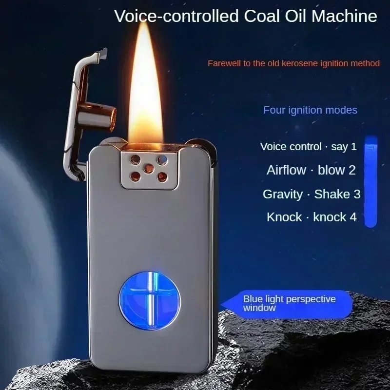 2025 Intelligent Voice Controlled Kerosene Lighter Metal Transparent Oil Arc Ignition Personalized Gift Cigarette Accessories